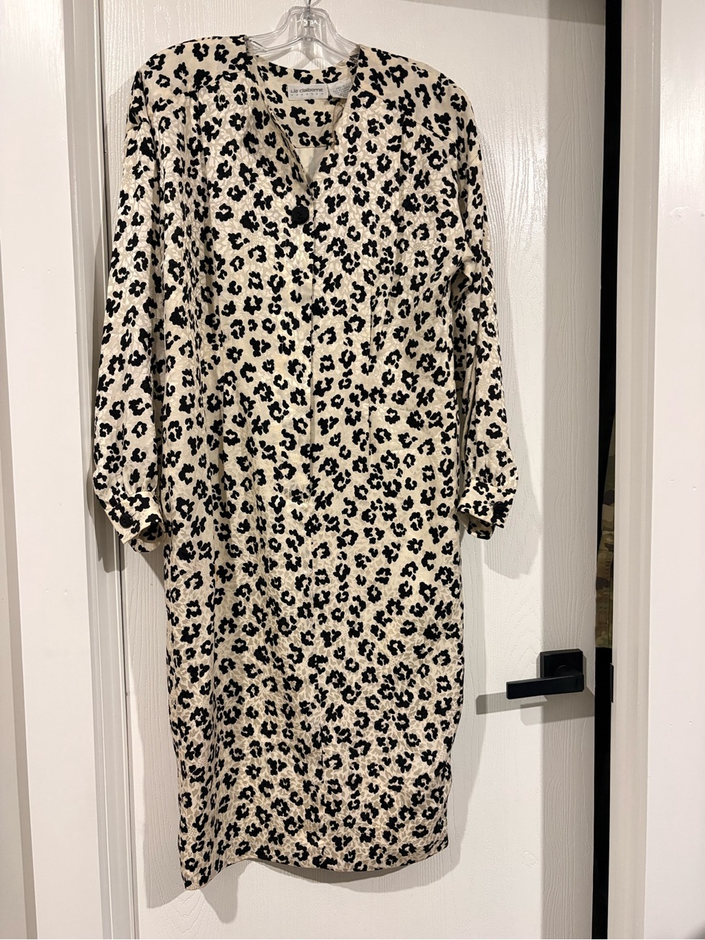 Liz Claiborne Cream and Black Leopard Print Long Sleeve Shirt Dress